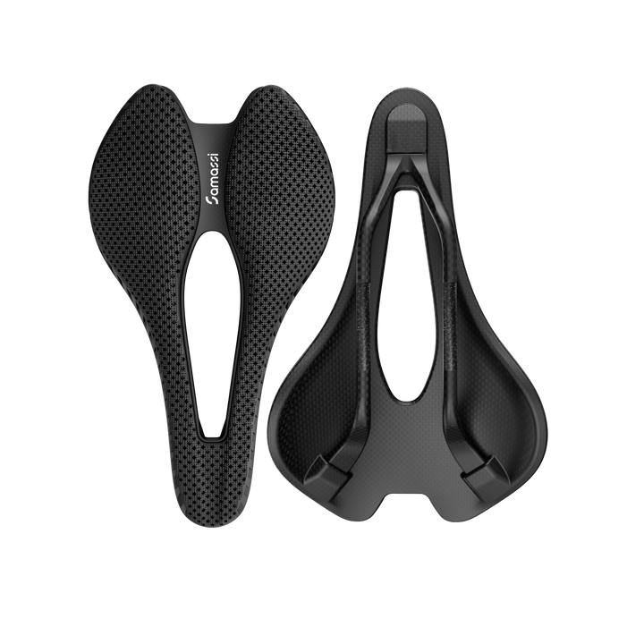 R1 bike saddle showcasing advanced carbon fiber design and nano PU printing for enhanced comfort and durability.