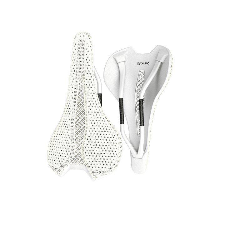Samassi 3D Printed Bike Saddle in white showcasing advanced carbon fiber and nano PU printing technology.