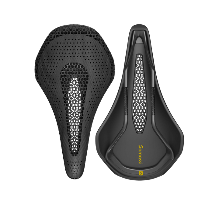 R6 bike saddle featuring advanced carbon fiber and nano PU printing for optimal comfort and durability.
