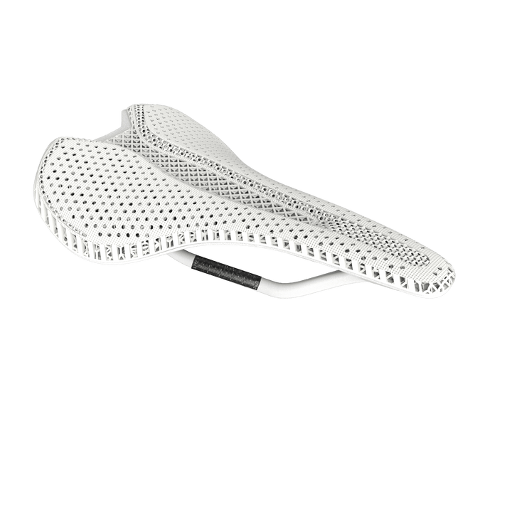 Samassi 3D Printed Bike Saddle R5 in white color showcasing advanced carbon fiber design for road cyclists.
