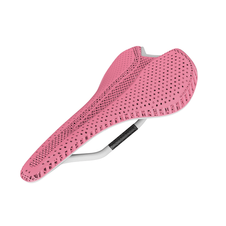 R5 3D Printed Road Bike Saddle in Pink, featuring advanced carbon fiber construction for road cyclists.