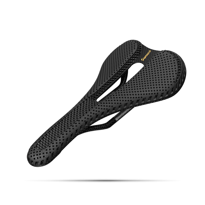 R7 - 3D Printed Road Bike Saddle showcasing advanced carbon fiber construction and nano PU printing technology.