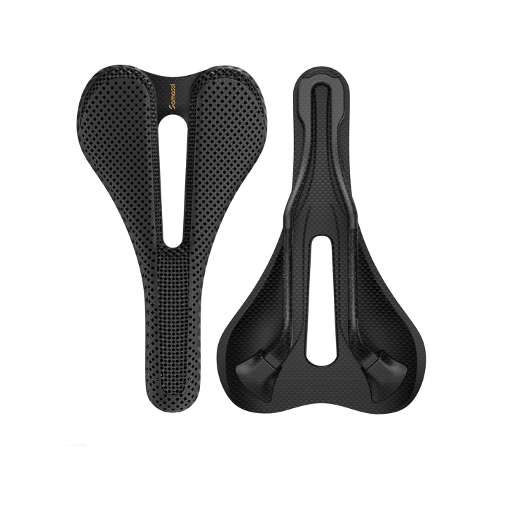 R7 bike saddle featuring advanced carbon fiber construction and nano PU printing technology for comfort and durability.