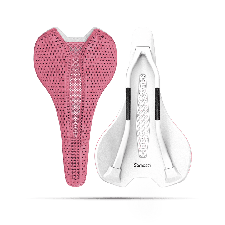 R5 - 3D Printed Road Bike Saddle in pink and white, showcasing advanced carbon fiber design for road cyclists.