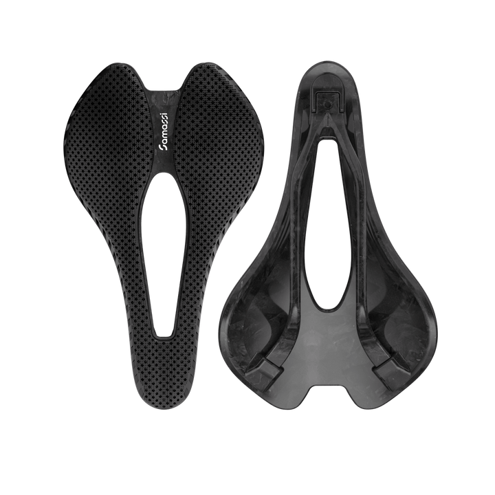 R1FC 3D Printed Road Bike Saddle showcasing advanced carbon fiber construction and nano PU printing technology.