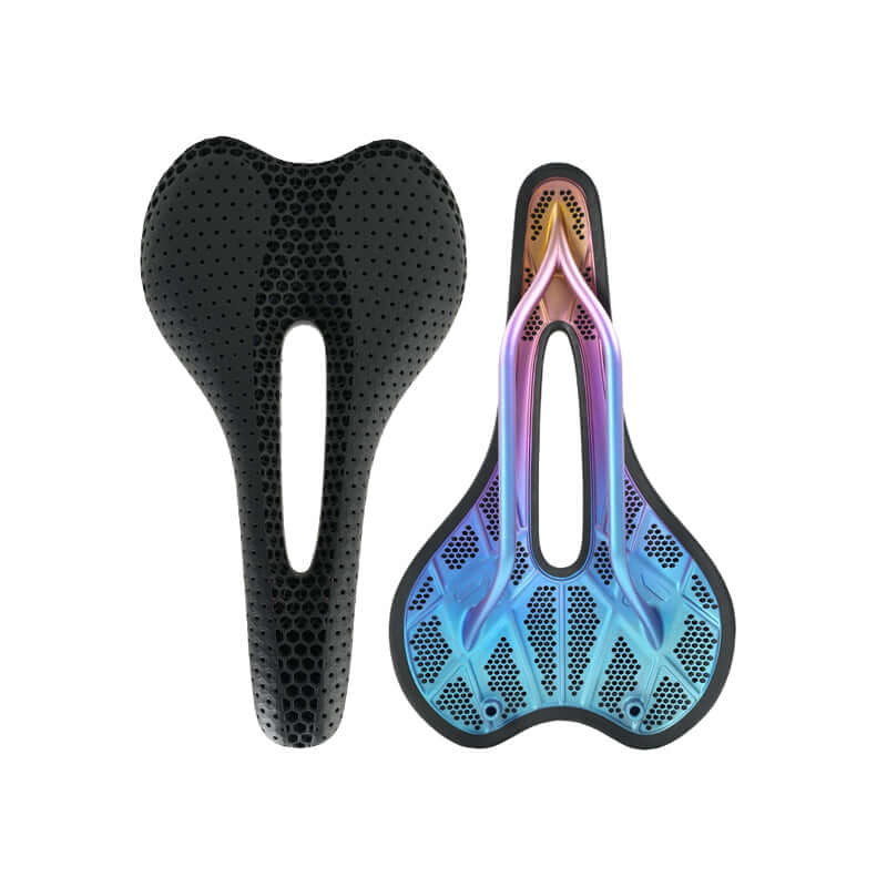 TR8 Titanium 3D-Printed Bike Saddle showing lightweight design and vibrant colors for unmatched comfort and performance.