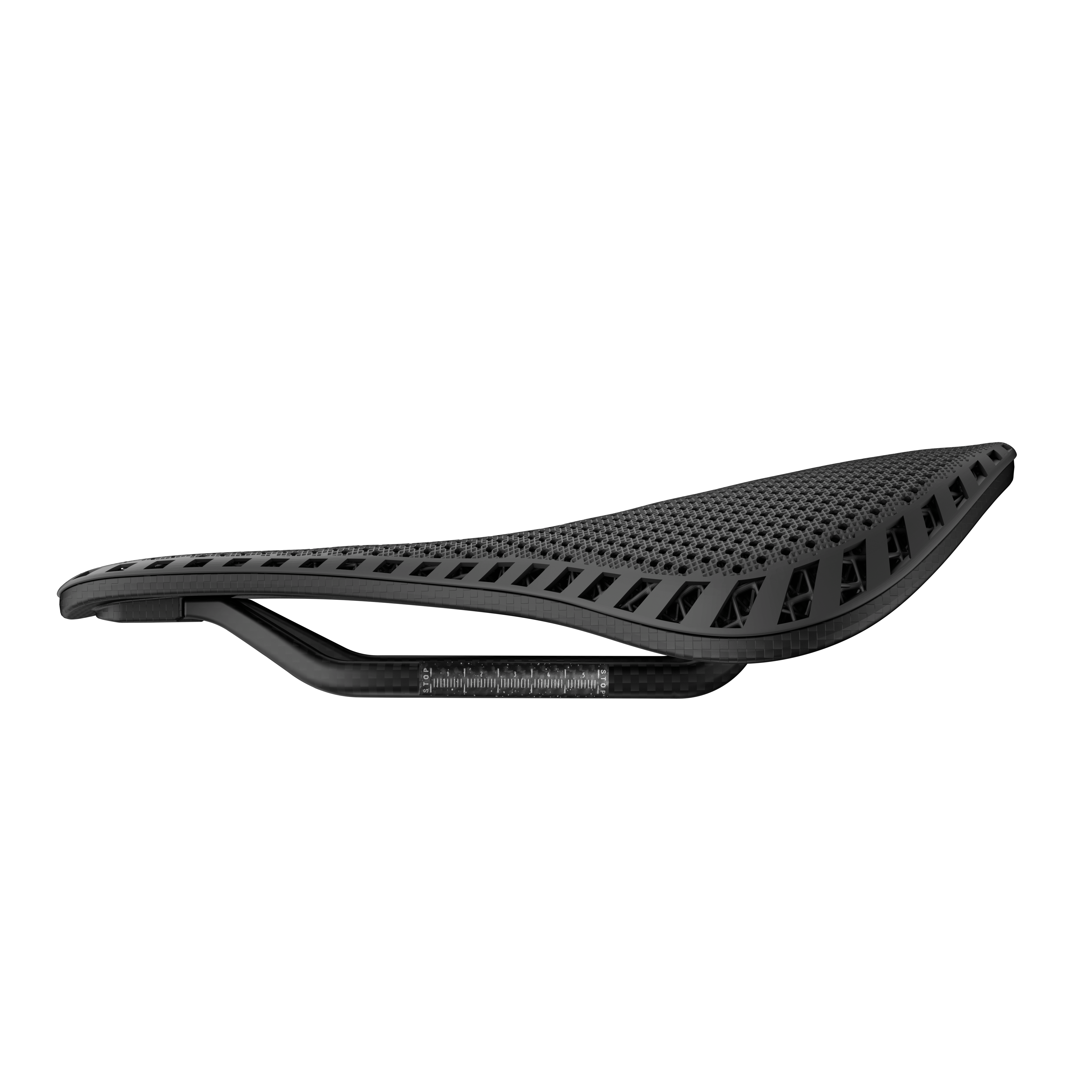 R1 3D Printed Bike Saddle showcasing advanced carbon fiber construction and nano PU printing technology.