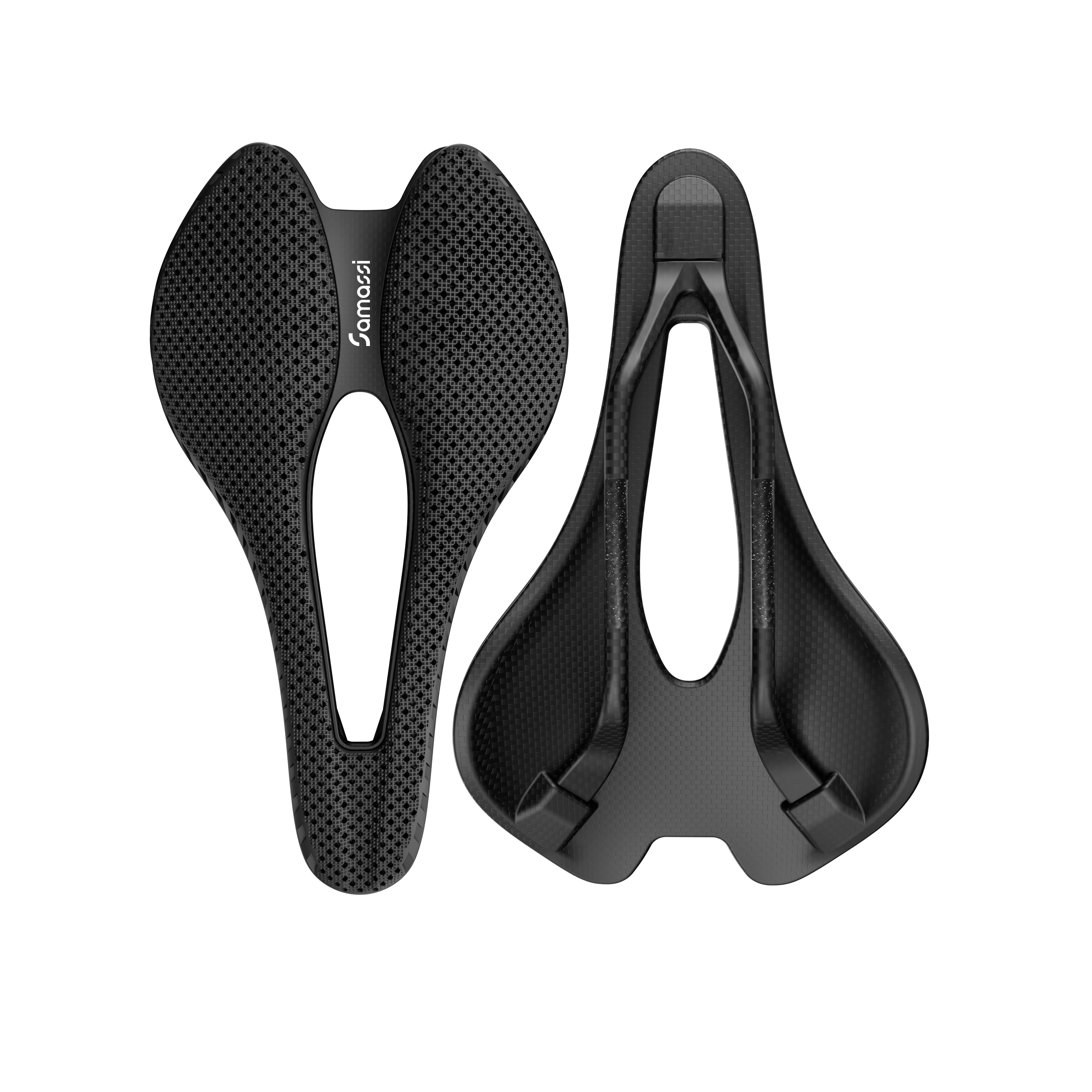 R1 bike saddle showcasing advanced carbon fiber design and nano PU printing for enhanced comfort and durability.