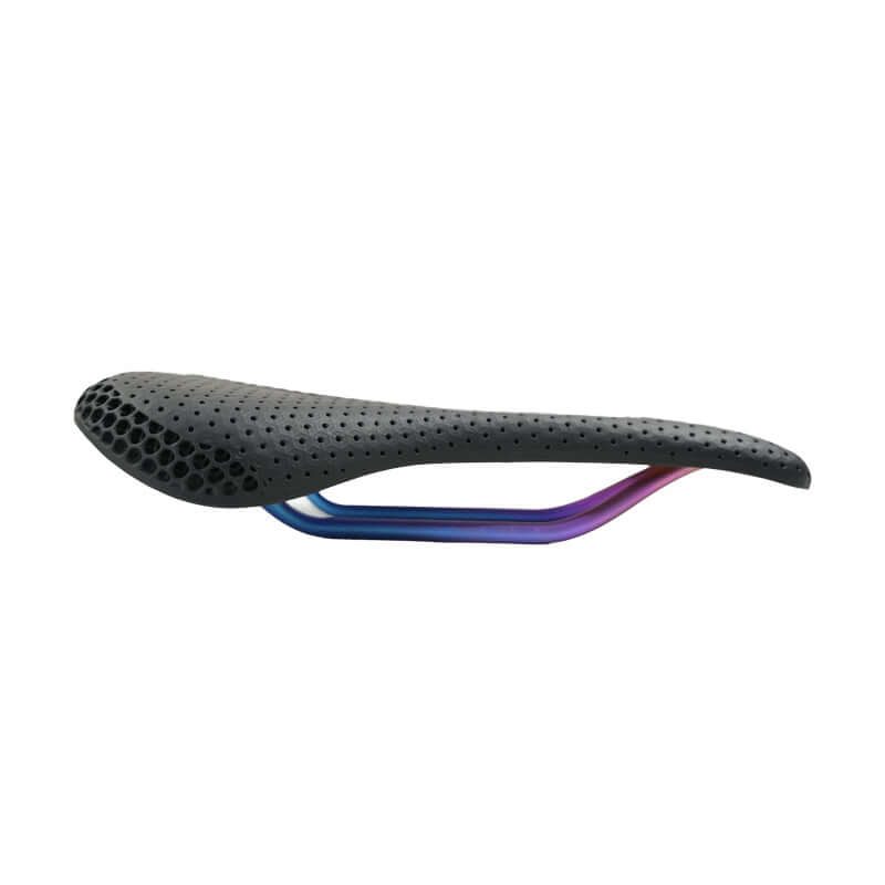 TR8 Titanium 3D-Printed Bike Saddle with perforated design and colorful titanium rails for optimal comfort and support.