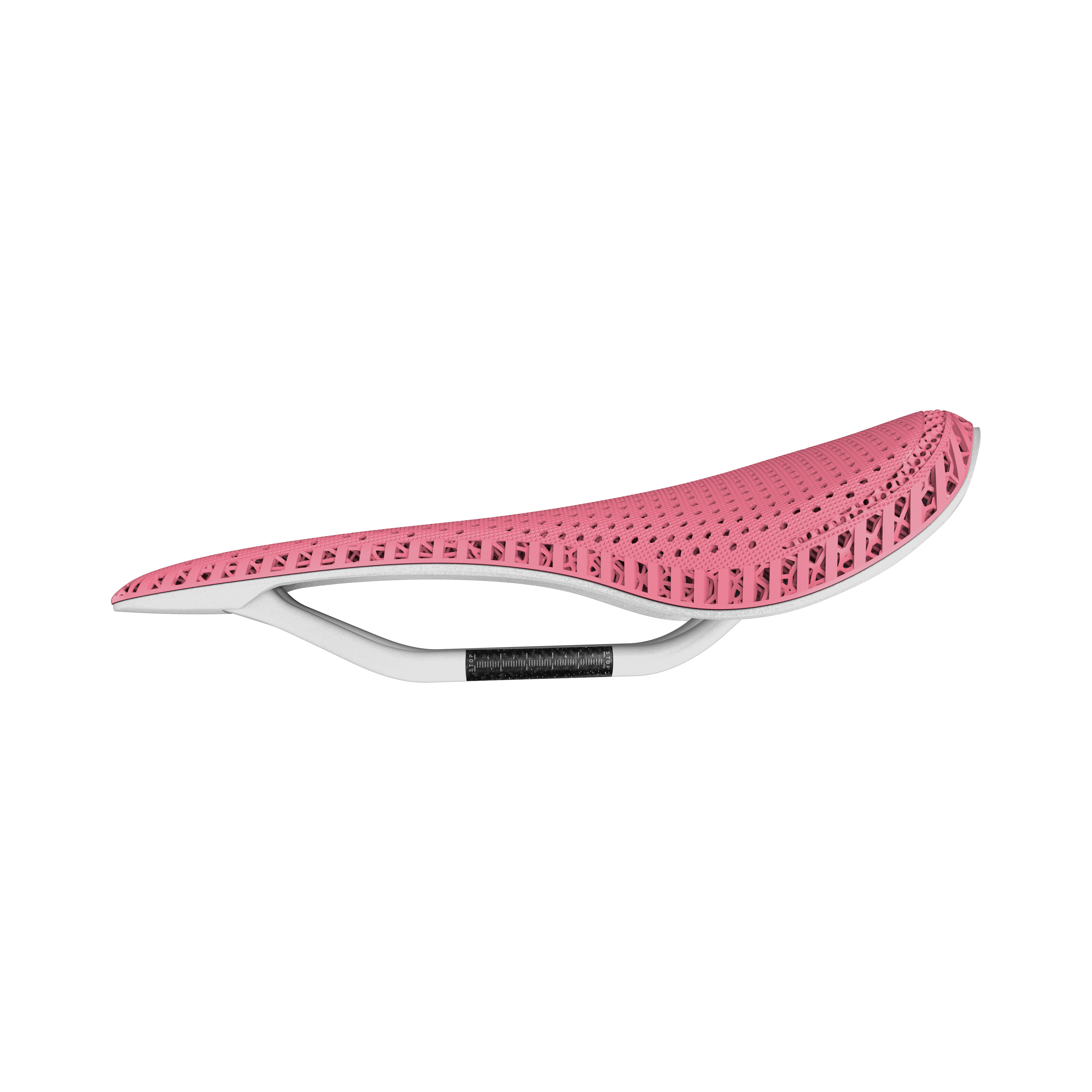 R5 - 3D Printed Road Bike Saddle in pink, featuring advanced carbon fiber construction for lightweight performance.