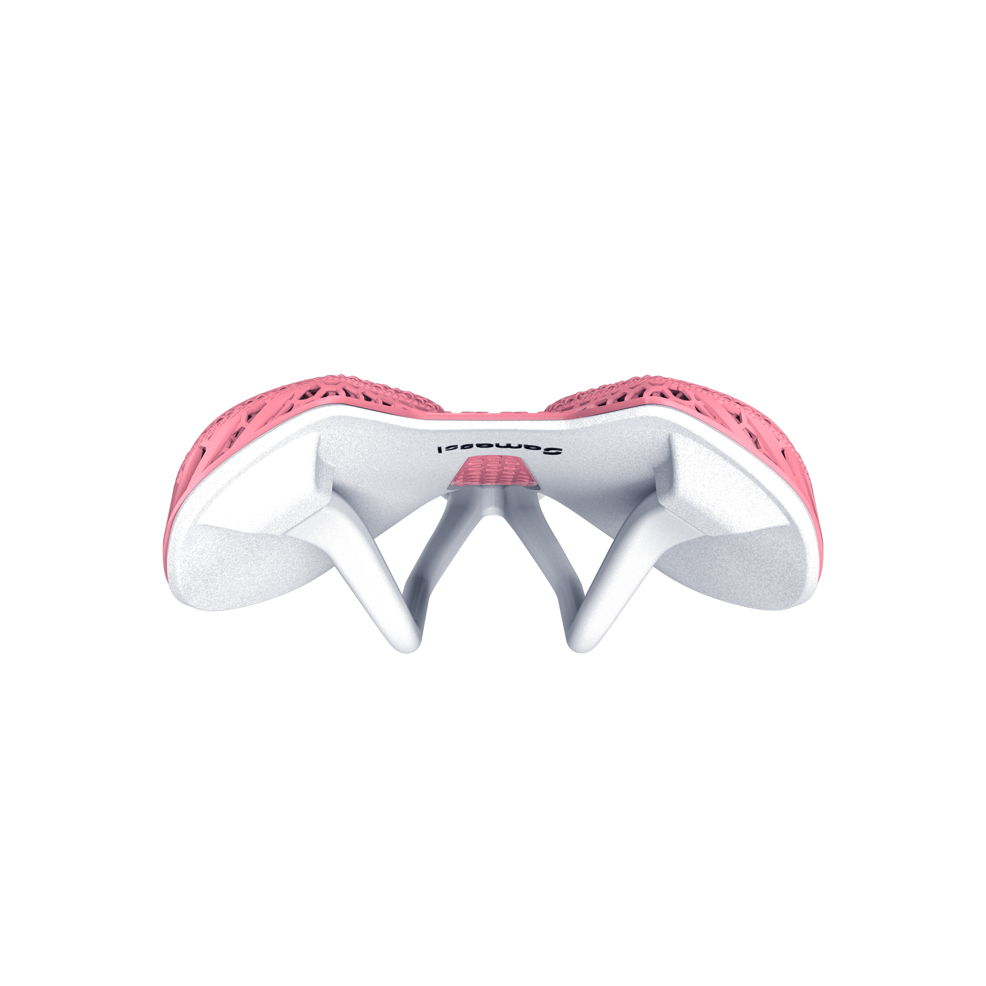 R5 - 3D Printed Bike Saddle in pink, showcasing a unique lightweight design with advanced carbon fiber construction.