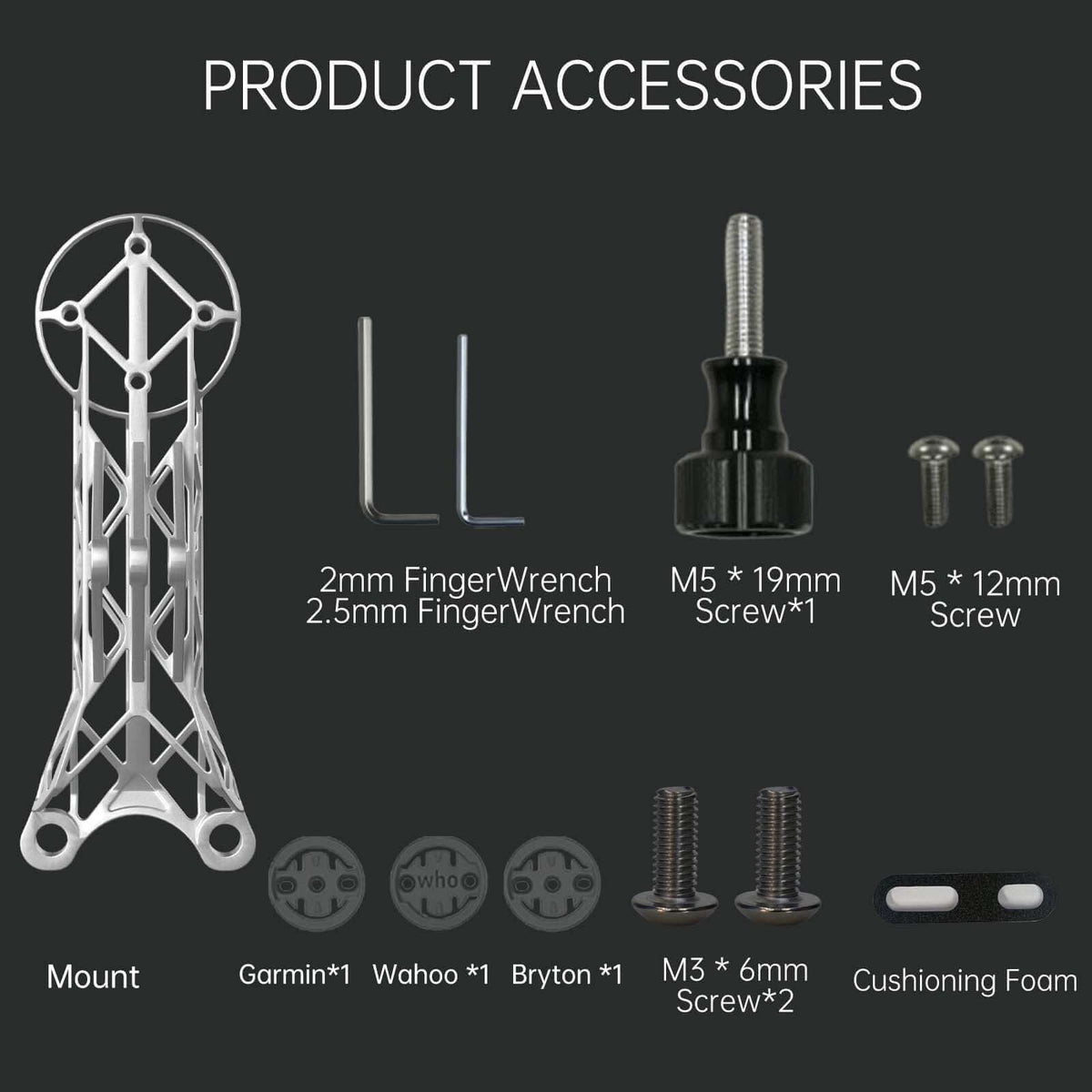 Pinarello Most 3D-Printed Titanium Bike Computer Mount accessory parts including screws and wrenches.