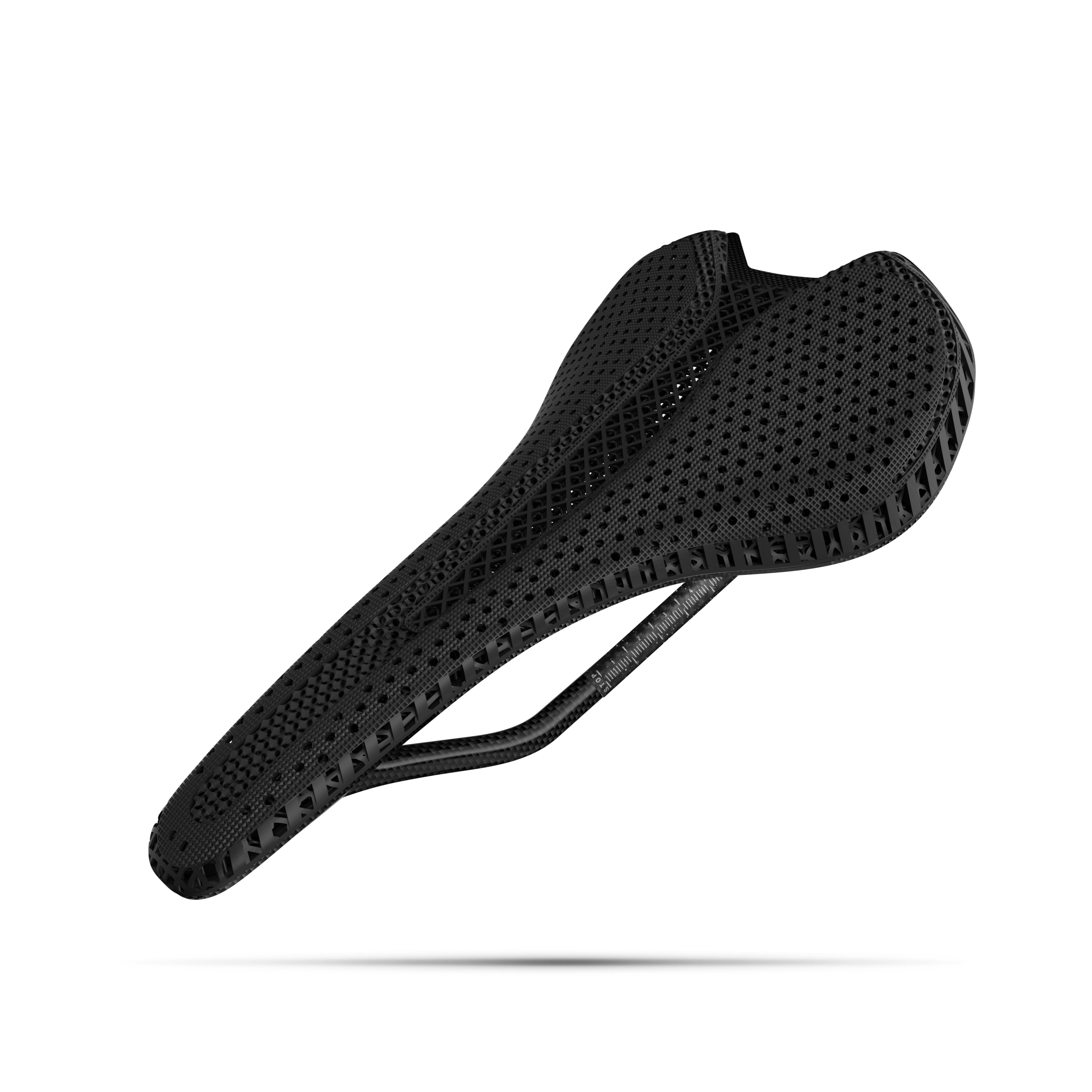 R5 3D Printed Bike Saddle showcasing advanced carbon fiber construction and nano PU printing technology.