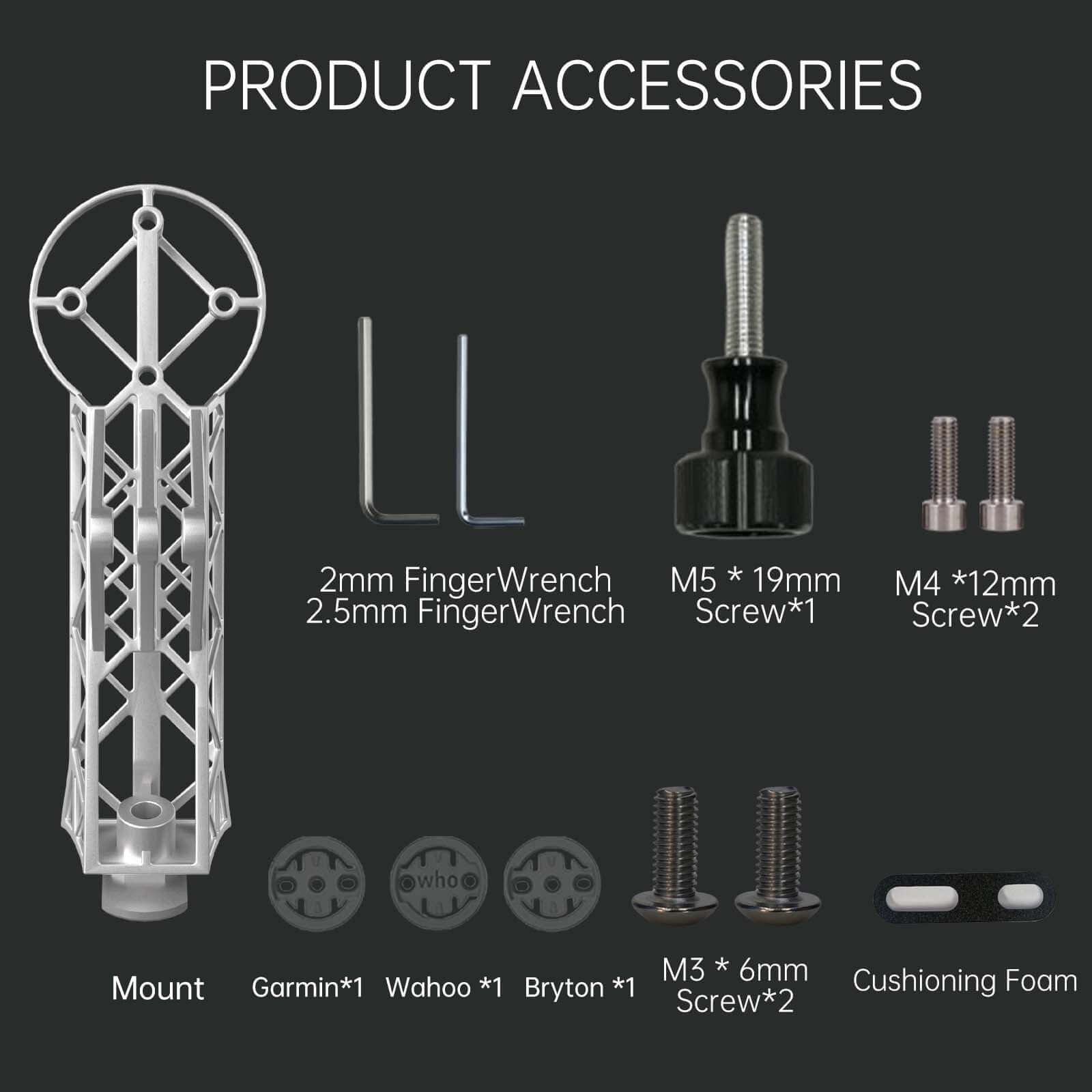 Product accessories for Specialized SL8 & SL7, 3D-Printed Titanium Bike Computer Mount, including screws and wrenches.