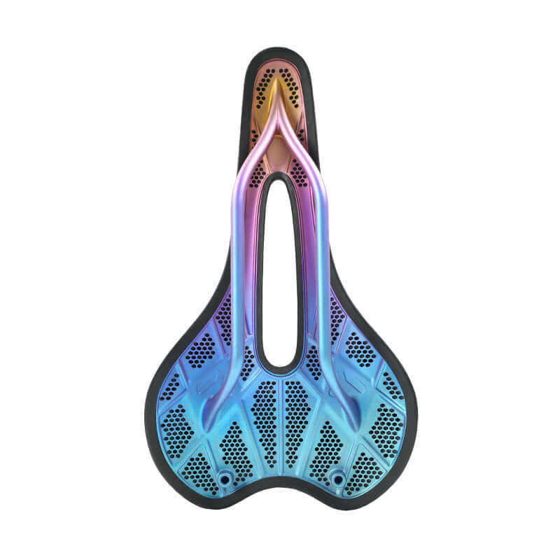 TR8 Titanium 3D-Printed Bike Saddle showcasing cutting-edge design and vibrant colors for enhanced cycling comfort.