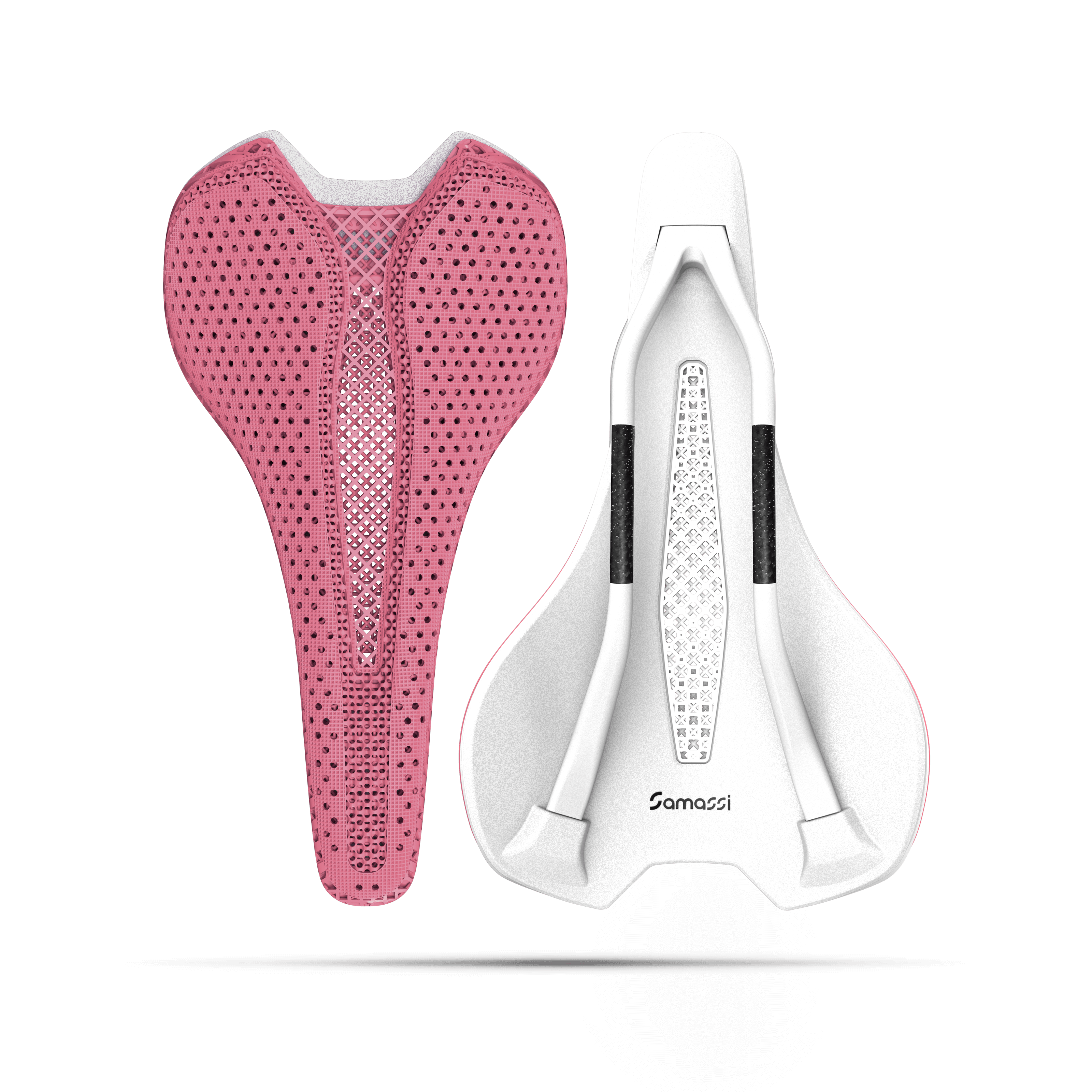 R5 - 3D Printed Road Bike Saddle in pink and white, showcasing advanced carbon fiber design for road cyclists.