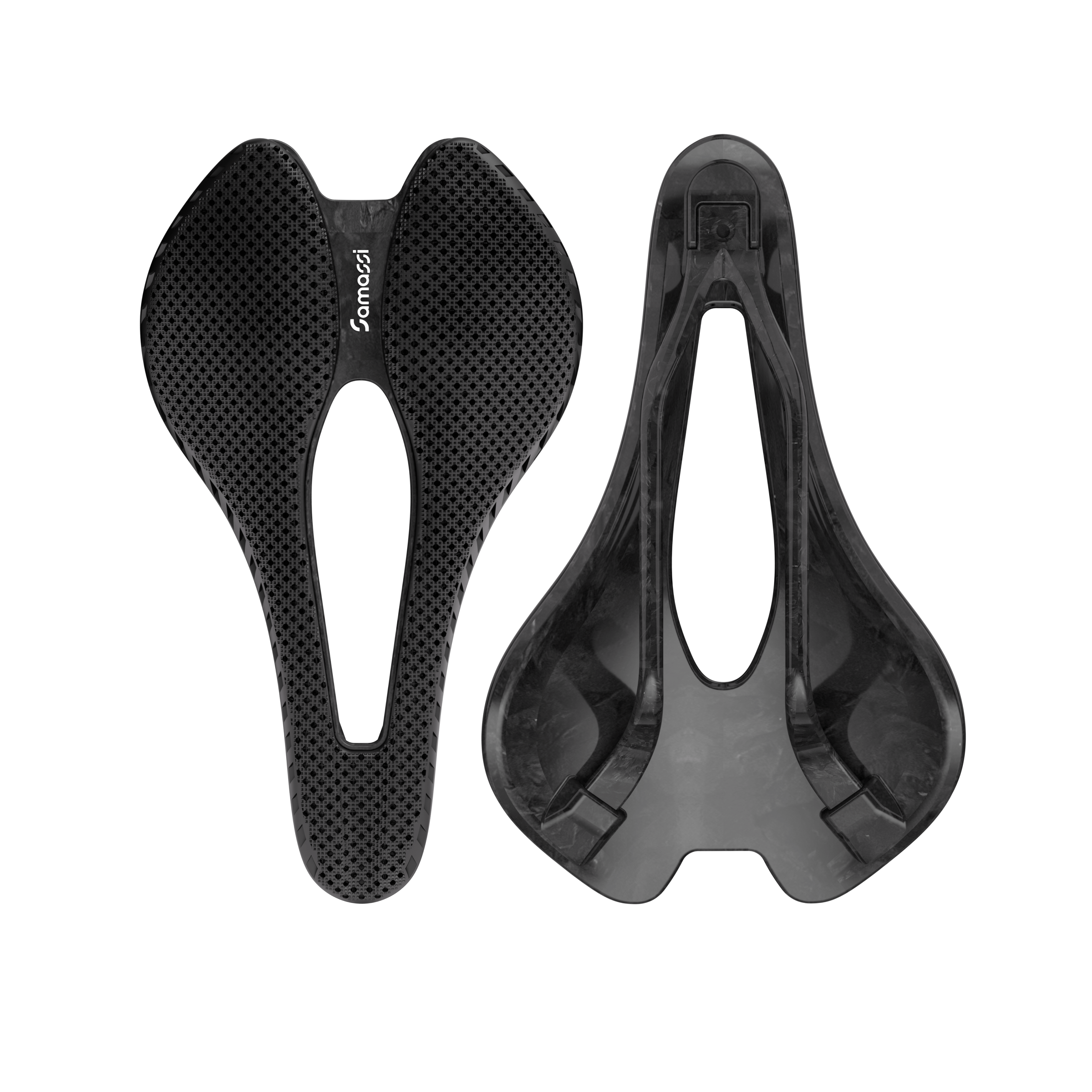 R1FC 3D Printed Road Bike Saddle showcasing advanced carbon fiber construction and nano PU printing technology.