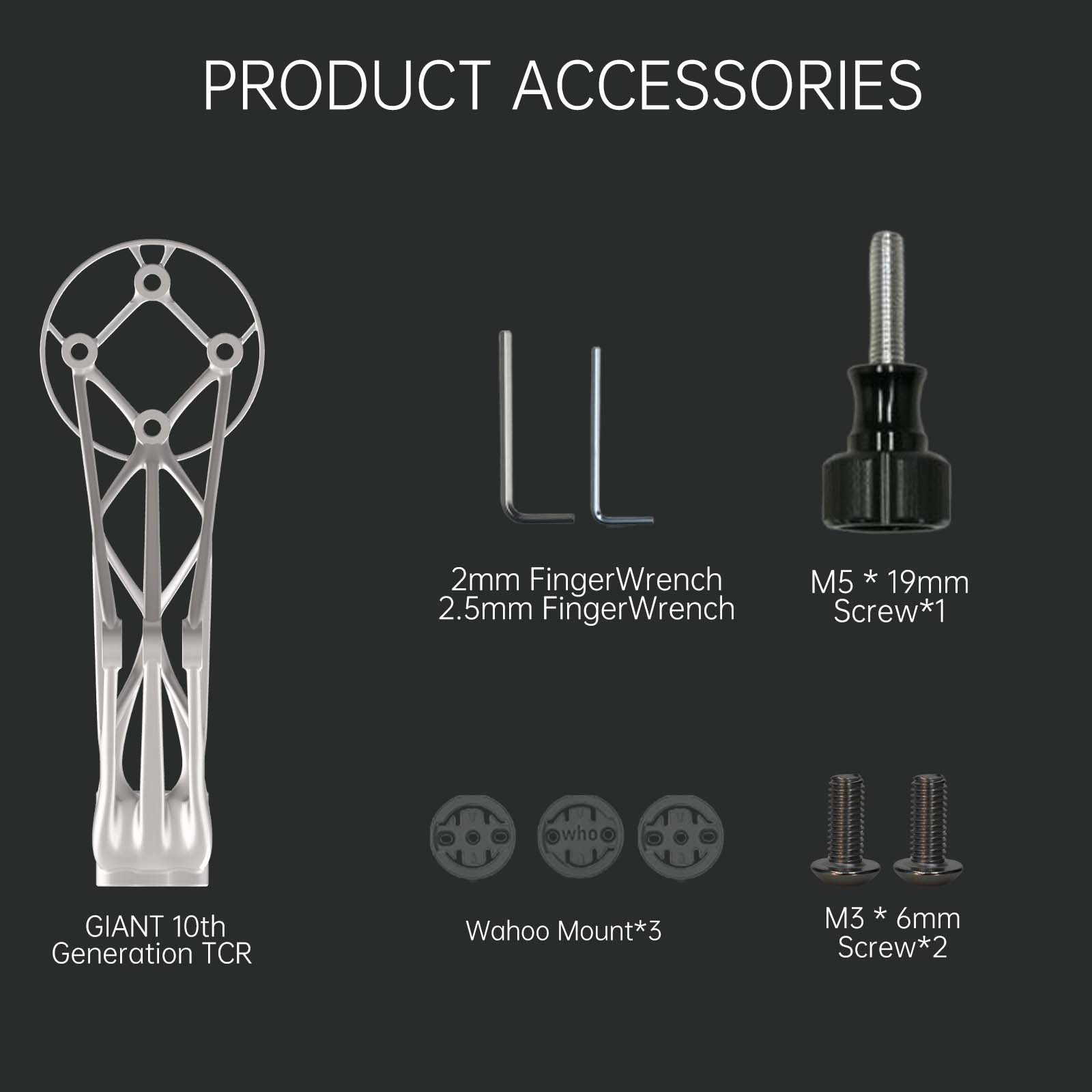 GIANT 10th Generation TCR 3D-Printed Titanium Bike Computer Mount with accessories including screws and Wahoo mount.